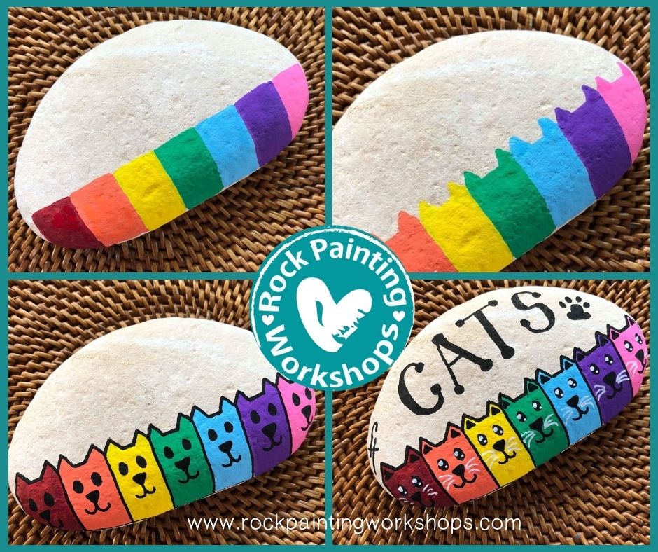 Rainbow Cat easy rock painting tutorial rock 10 Rock