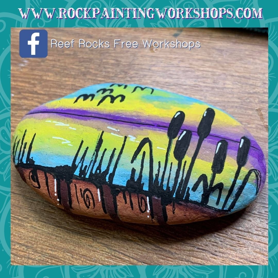 Sunset Bullrushes Rock Painting Tutorial Rock Painting Workshops