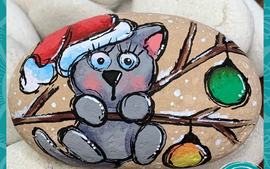 Cat on a Christmas branch rock painting tutorial